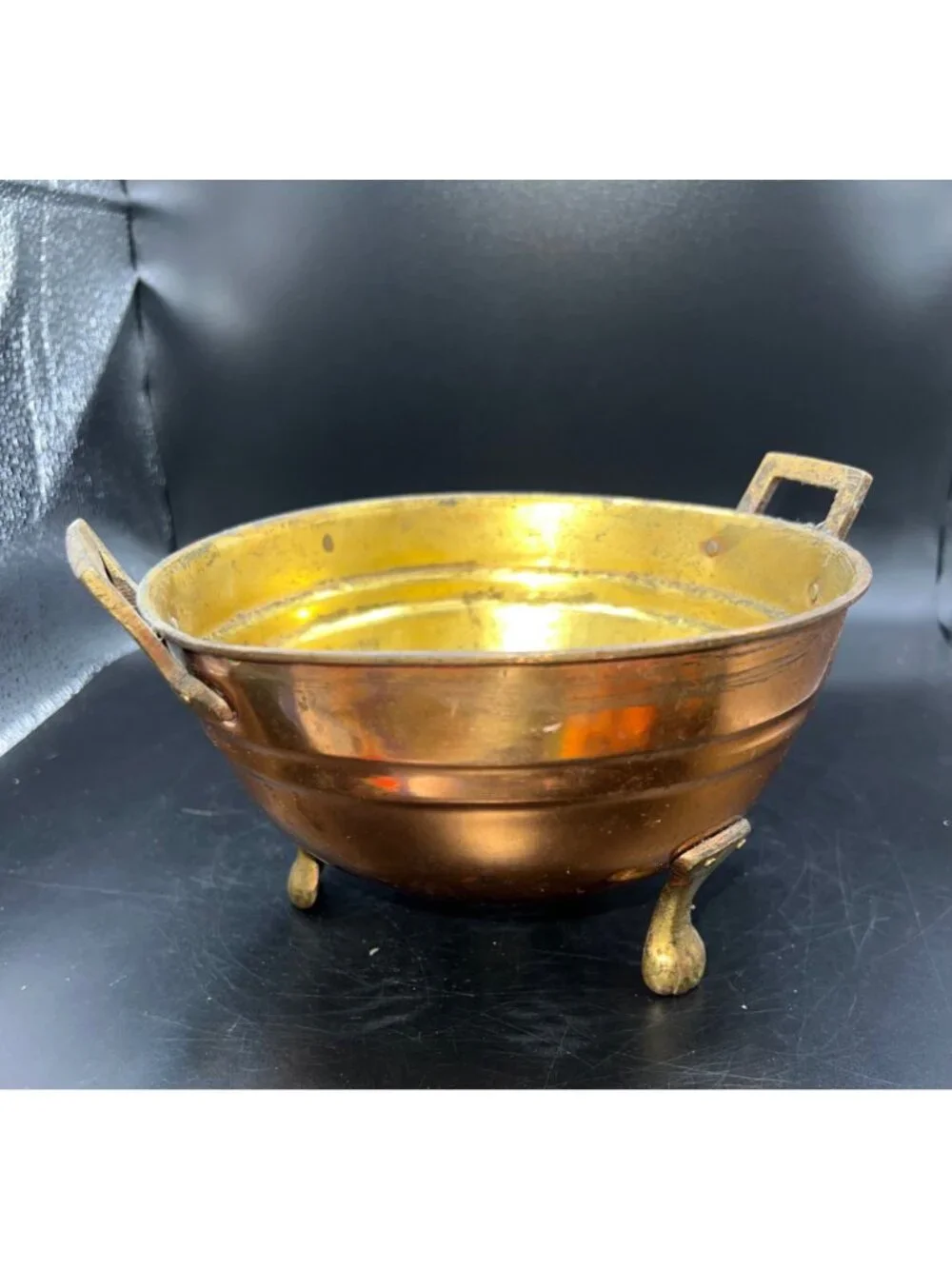 Vintage Copper & Brass Colander Bowl Handles Three Feet Rustic Perforated Patina